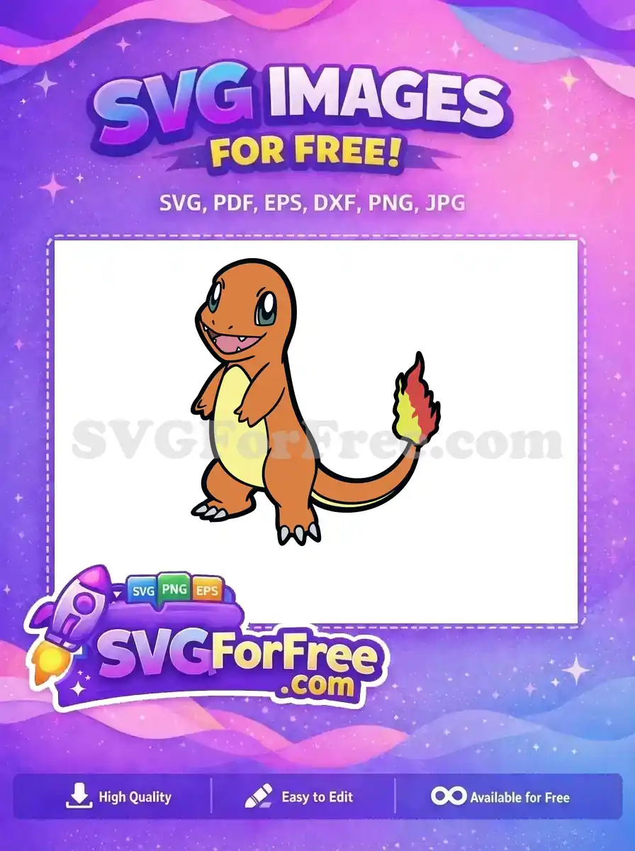 A vibrant, free SVG of Charmander, the iconic fire-type Pokémon, smiling and ready for your creative projects. Download this free design now!