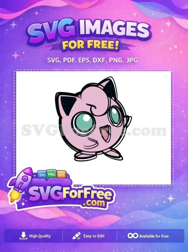 A vibrant free SVG of Jigglypuff, the iconic pink Pokémon, with a joyful expression and big, sparkling eyes.
