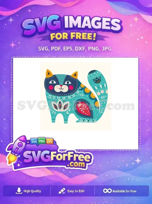 Free Teal Cat Floral Free Folk Art T shirt Free SVG