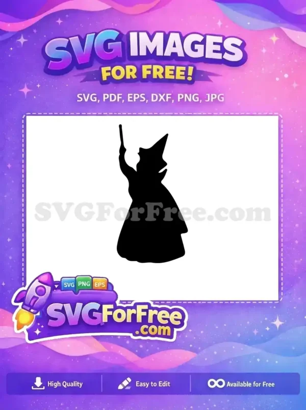 A free black silhouette of a witch with a pointed hat and wand, ready for your magical free design projects. Download today!