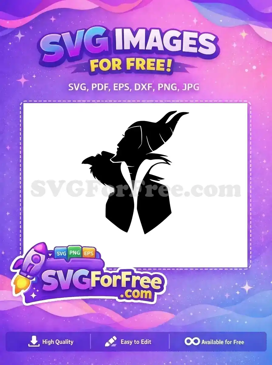 A free Maleficent silhouette SVG, featuring her iconic horns and a raven. This free design is perfect for dark fantasy themes.