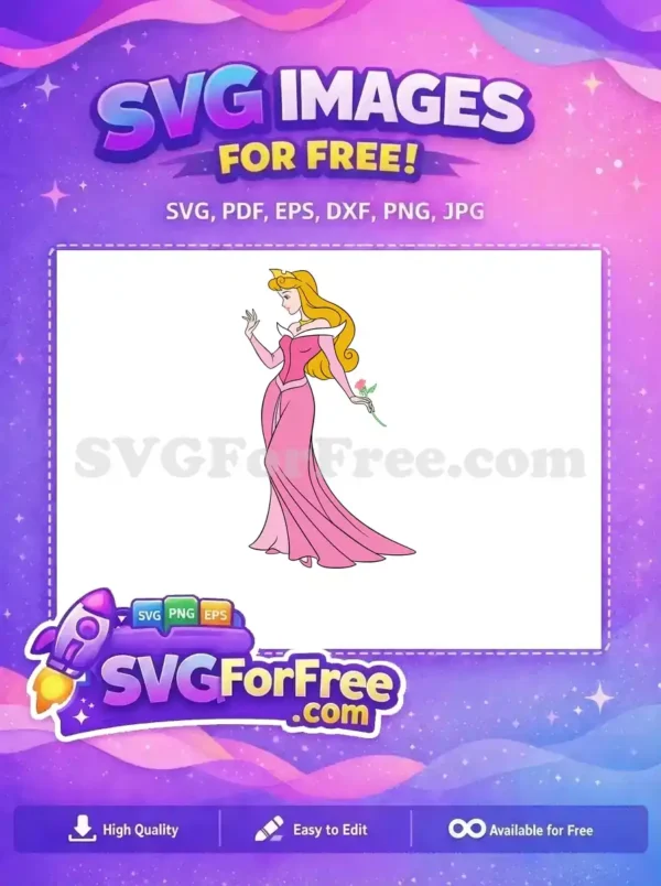 A free design of Princess Aurora in her iconic pink gown, gracefully holding a rose, perfect for your projects.