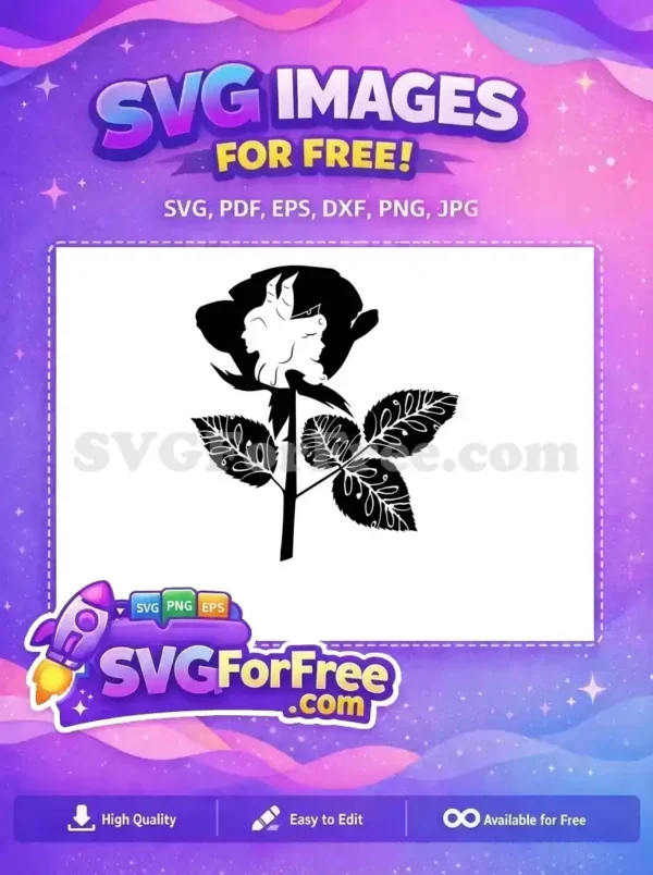 Free SVG of a striking black rose, subtly revealing two opposing female profiles within its petals—one horned, one crowned.