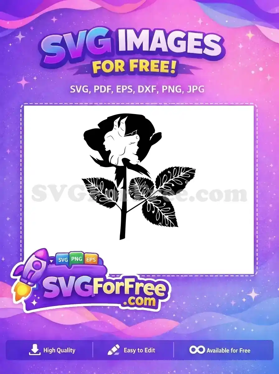 Free SVG of a striking black rose, subtly revealing two opposing female profiles within its petals—one horned, one crowned.