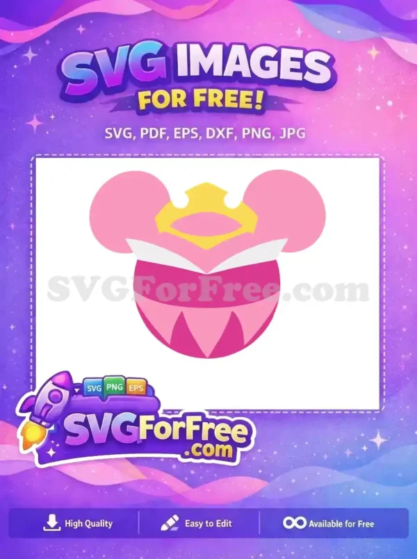 A free SVG of a pink Minnie Mouse head wearing a yellow crown, featuring a princess theme. Ideal for any magical project.
