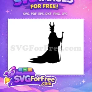 A free Maleficent silhouette SVG, depicting the iconic horned villainess with staff, ready for your creative projects.