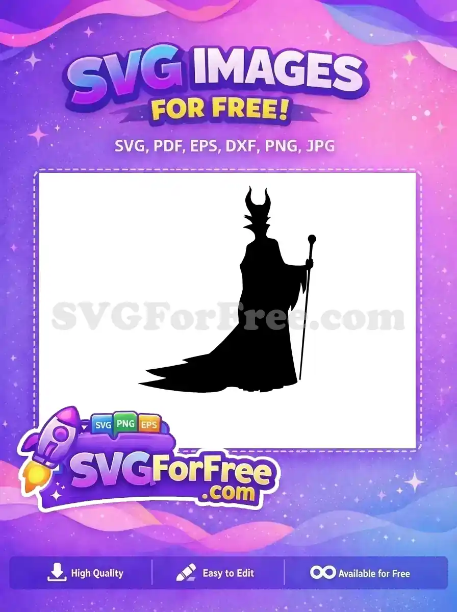 A free Maleficent silhouette SVG, depicting the iconic horned villainess with staff, ready for your creative projects.