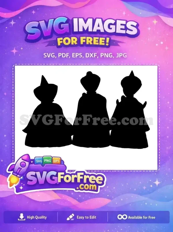 A striking free design silhouette of three robed figures with pointed hats, perfect for magical or historical free projects.