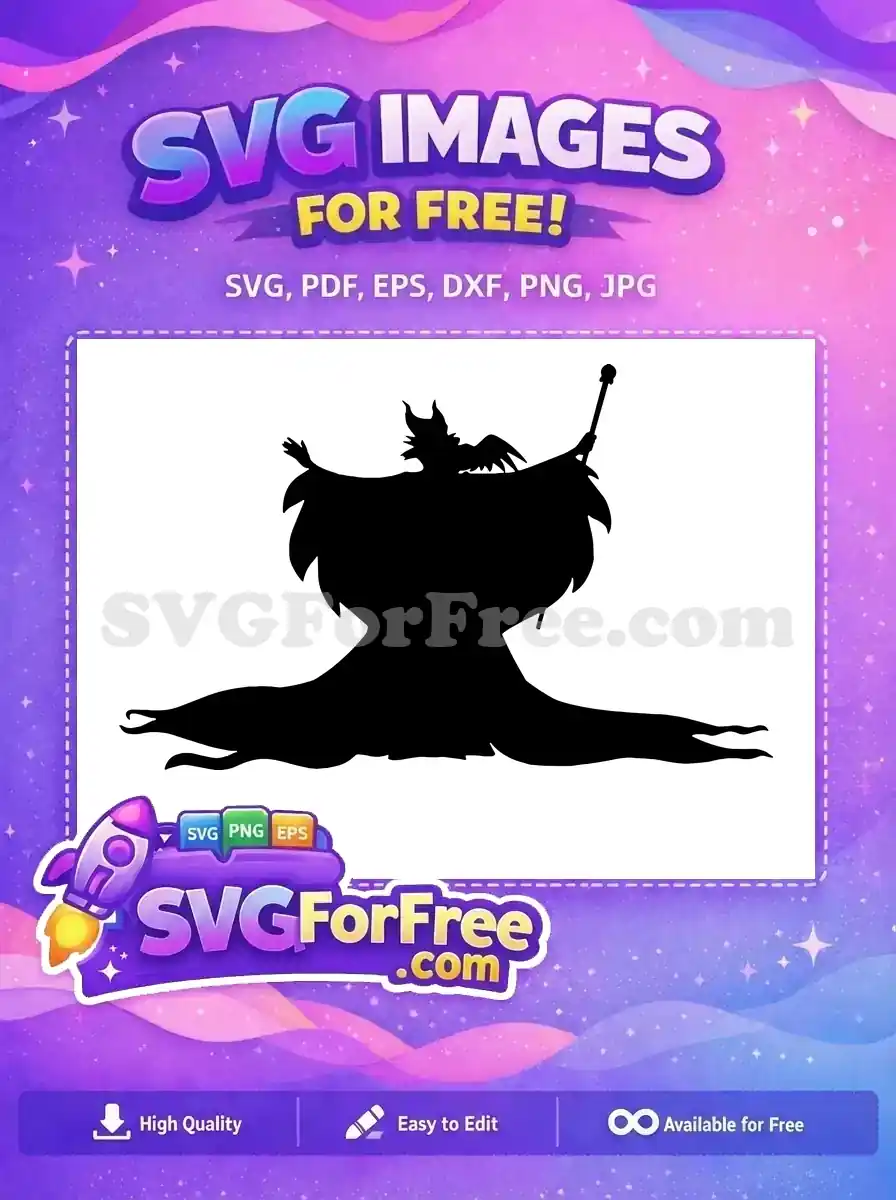 A captivating free Maleficent silhouette SVG, showcasing her iconic horns, flowing robes, and staff. Ideal for dark fantasy free designs.