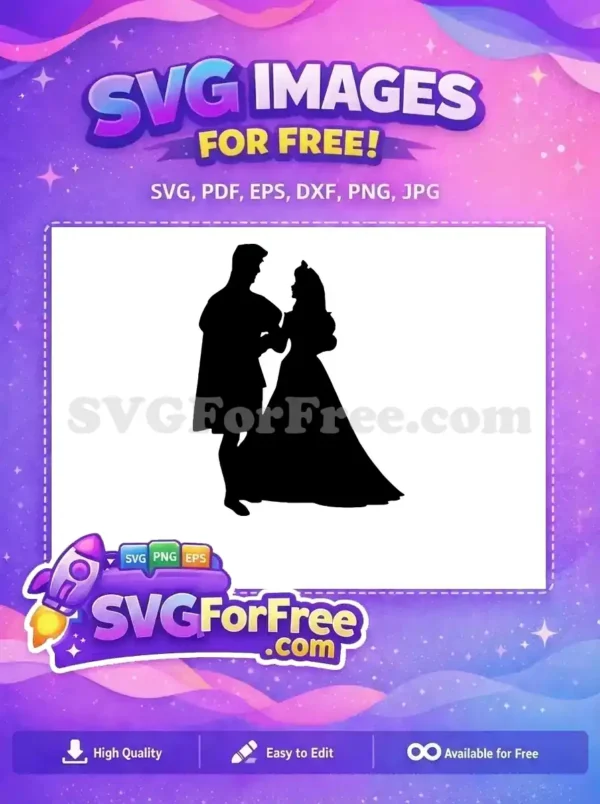 A charming free design featuring a dancing prince and princess silhouette, ideal for romantic projects. Download this free SVG!