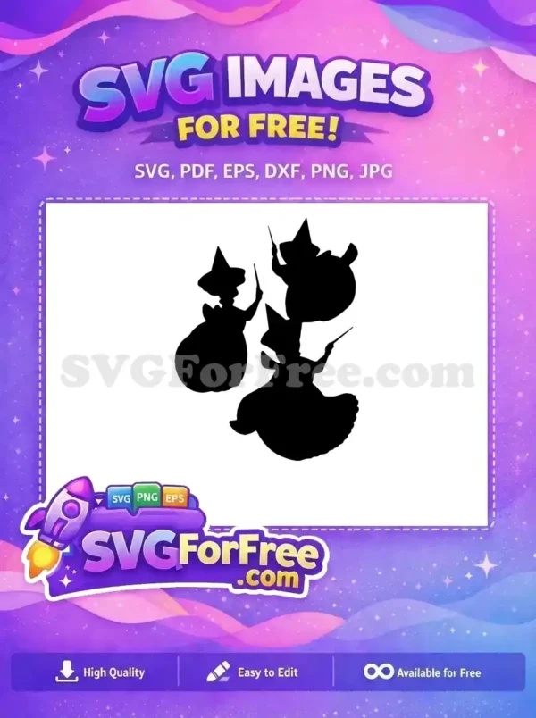 Discover this free witch silhouette SVG, showcasing three enchanting figures with hats and wands for your projects.
