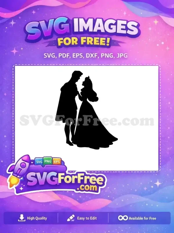 Free romantic silhouette design of a prince and princess, ideal for crafting. This free vector art beautifully captures a magical moment, perfect for free creative projects.