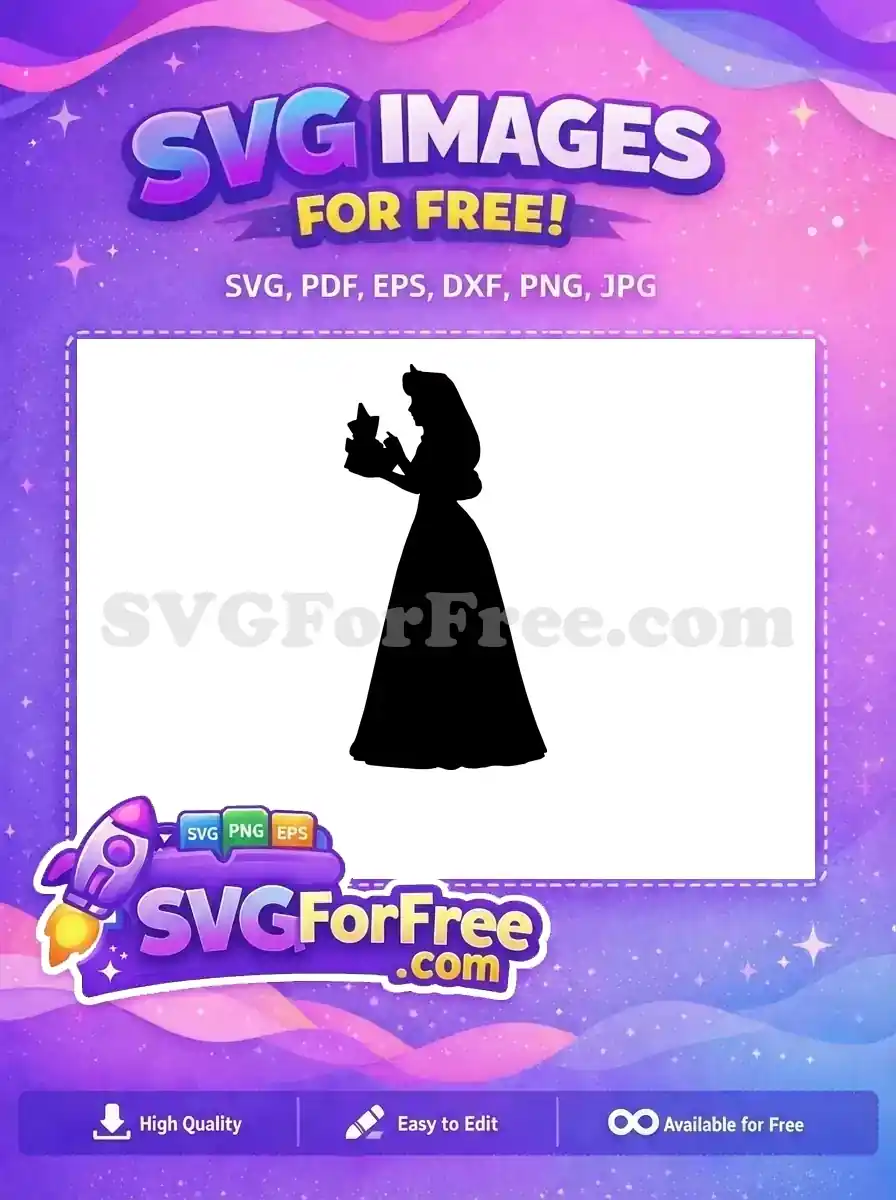 A free Sleeping Beauty silhouette, elegant and regal, holding a shining star. This free SVG is ideal for enchanting crafts.