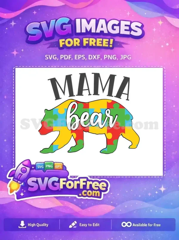 Discover this free Mama Bear SVG design, featuring a colorful puzzle piece bear silhouette with 'bear' in script, under 'MAMA'. A meaningful free graphic for autism support.