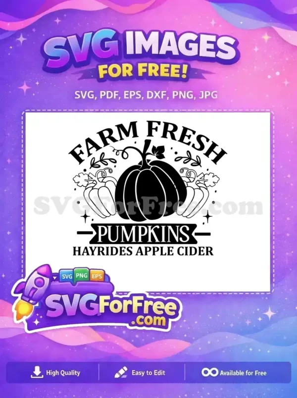 A captivating free farm fresh pumpkin SVG design, featuring hayrides and apple cider text, ideal for autumn crafts.