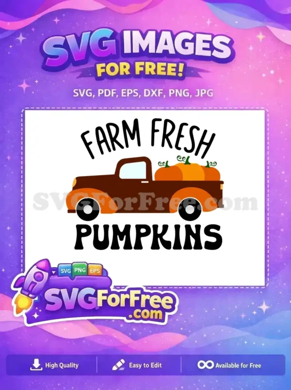 A free design featuring a vintage brown pickup truck loaded with vibrant orange pumpkins, with 'FARM FRESH PUMPKINS' text, perfect for fall projects.