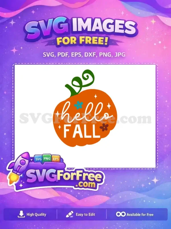 A vibrant free 'Hello Fall' pumpkin design, featuring a green stem, curly vine, and charming floral accents.