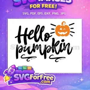 A cheerful 'Hello Pumpkin' free SVG design featuring a smiling jack-o'-lantern. Ideal for festive autumn and Halloween projects, this free design is versatile and easy to use.