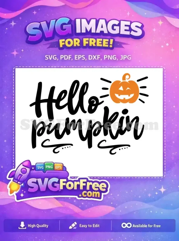 A cheerful 'Hello Pumpkin' free SVG design featuring a smiling jack-o'-lantern. Ideal for festive autumn and Halloween projects, this free design is versatile and easy to use.
