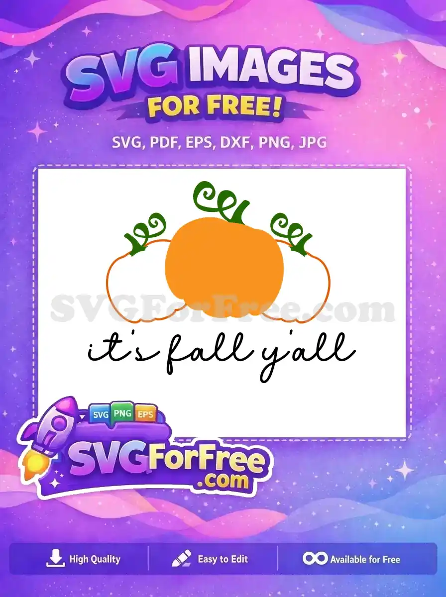 A delightful free SVG design showing three pumpkins with green vines and "it's fall y'all" text. Celebrate autumn with this free, versatile graphic.