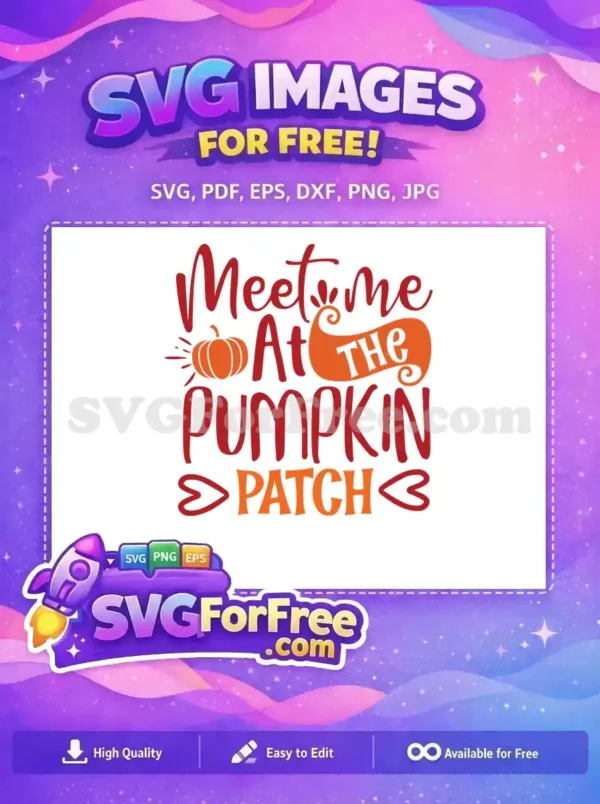 This free SVG features 'Meet me at the Pumpkin Patch' lettering with a festive pumpkin graphic. A delightful free fall design.