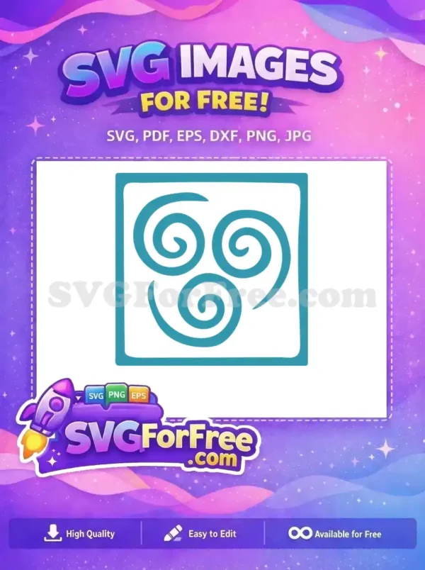 A free Airbending symbol featuring three teal spirals within a hand-drawn square frame. Download this free design now!