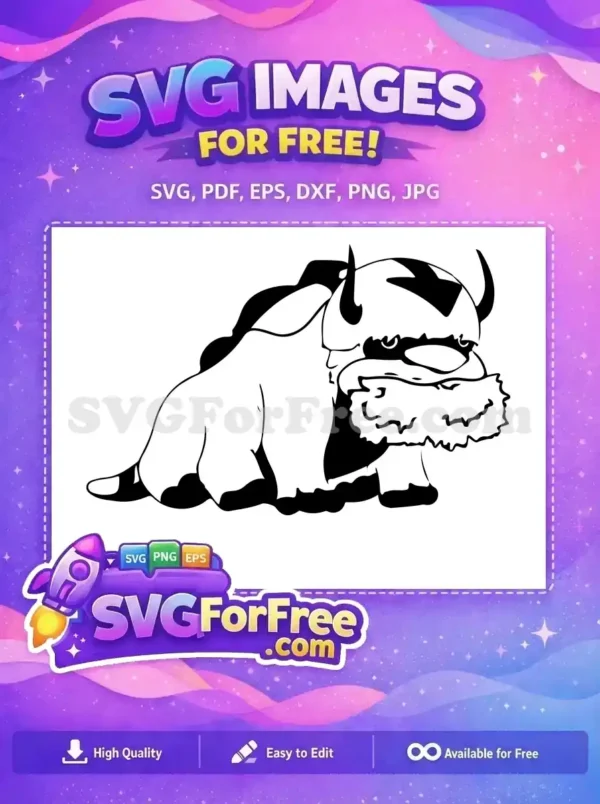 A free Appa flying bison SVG, black and white outline, perfect for crafting and personalizing items. Get this free design now!