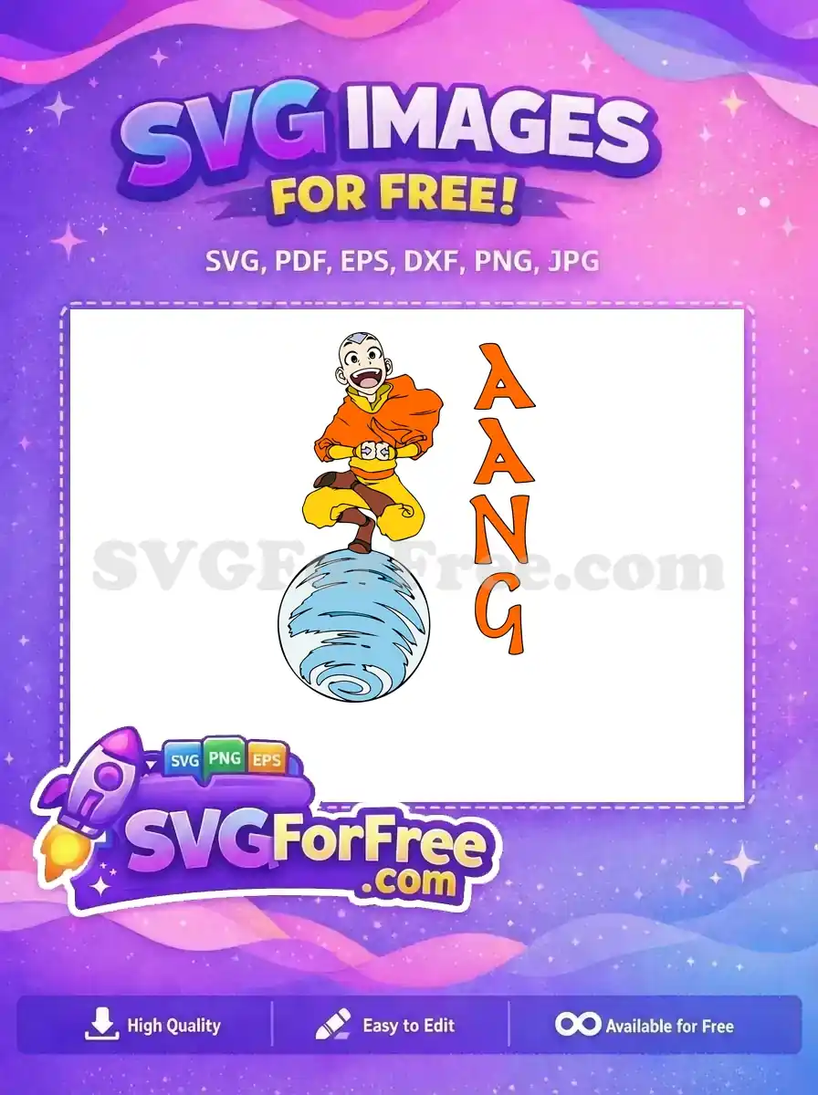 A free Aang SVG design, the Last Airbender, actively airbending atop a swirling water sphere, perfect for fans to download free.