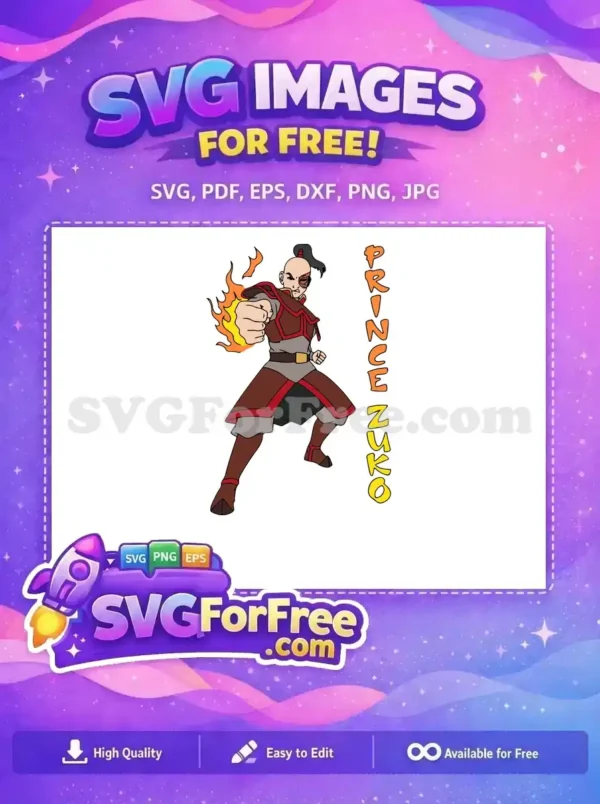 Dynamic free Prince Zuko firebending SVG, showcasing his intense power and iconic scar for creative fans. Grab this high-quality free design now!