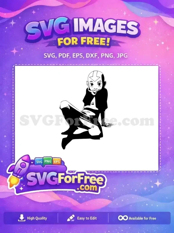 A free black and white SVG of Aang from Avatar, casually sitting, offering a fantastic design for craft projects.
