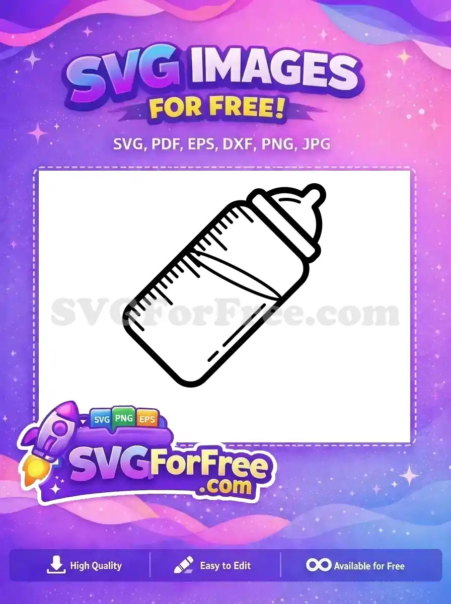 A free SVG outline of a baby bottle, tilted with a nipple and measurement marks. Ideal for free nursery designs and free parenting content.