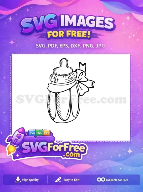 Free Baby Bottle SVG with Bow – Adorable Nursery Design A delightful free line art drawing of a baby bottle adorned with a cute bow, ideal for various free craft projects.