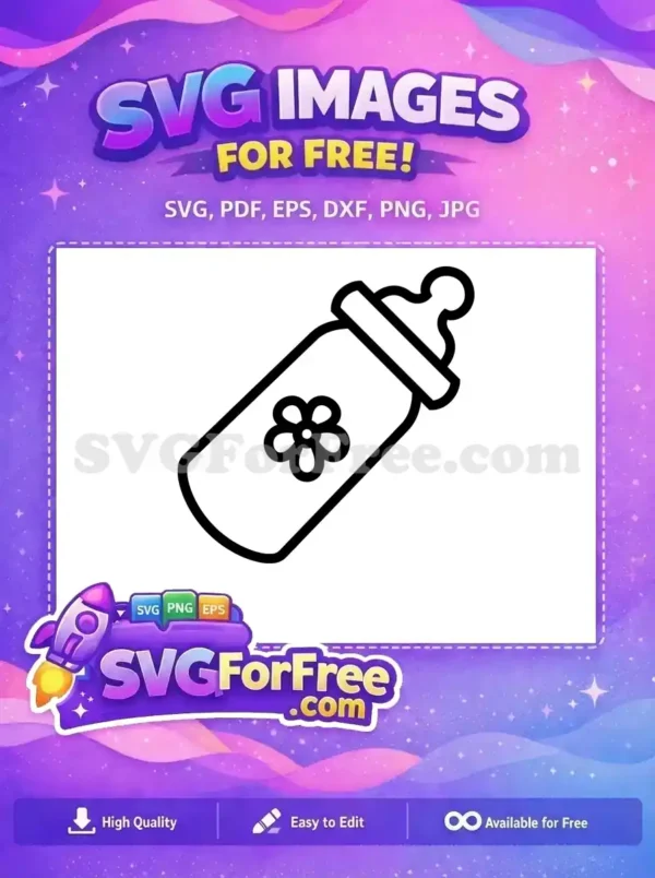 A free line art icon of a baby feeding bottle with a cute flower detail, ideal for free baby-themed designs and crafts.