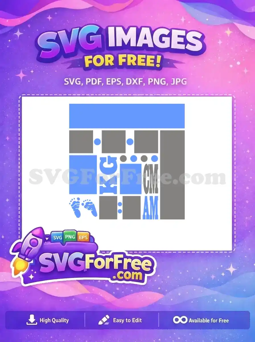 Detailed free design with abstract blue and grey elements, including KG, CM, AM text, and adorable baby footprints. A versatile free SVG image.