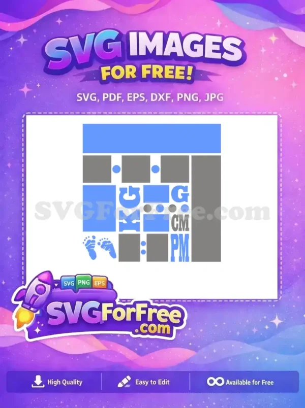 A free baby growth chart SVG featuring blue footprints, KG, G, CM, PM units, and geometric shapes. A charming free design for new parents.