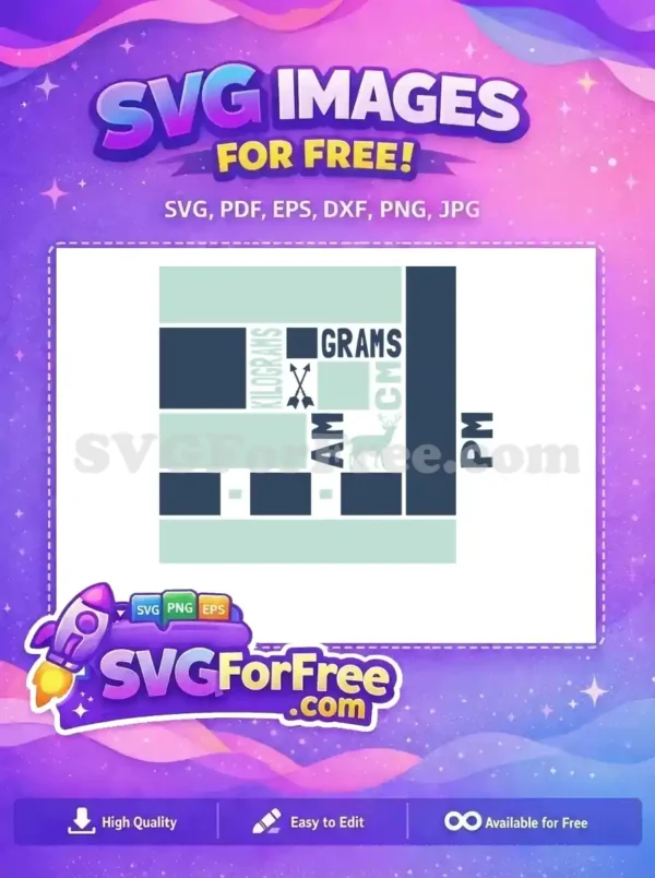 A free, modern geometric design combining measurement units like grams, kilograms, CM, AM, PM, with a deer silhouette and crossed arrows. A versatile free SVG.