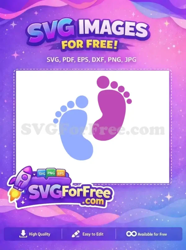 Adorable free baby footprints SVG, featuring one light blue and one purple print, ideal for gender-neutral or twin themes. This free design is perfect for baby showers.