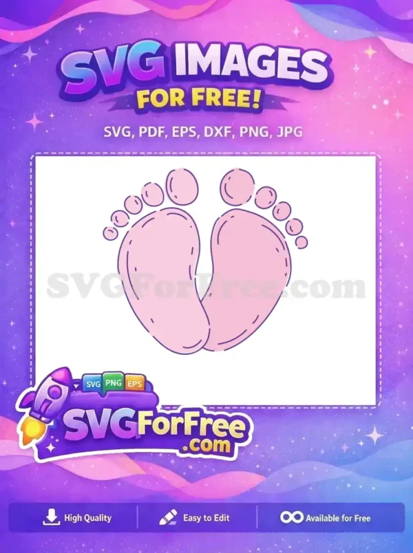 Free Baby Feet SVG Design – Adorable Newborn Vector Art A delightful free design featuring two baby footprints in soft pink with a stylish purple dashed outline. This free SVG is ideal for baby-themed projects, offering a sweet and memorable visual.