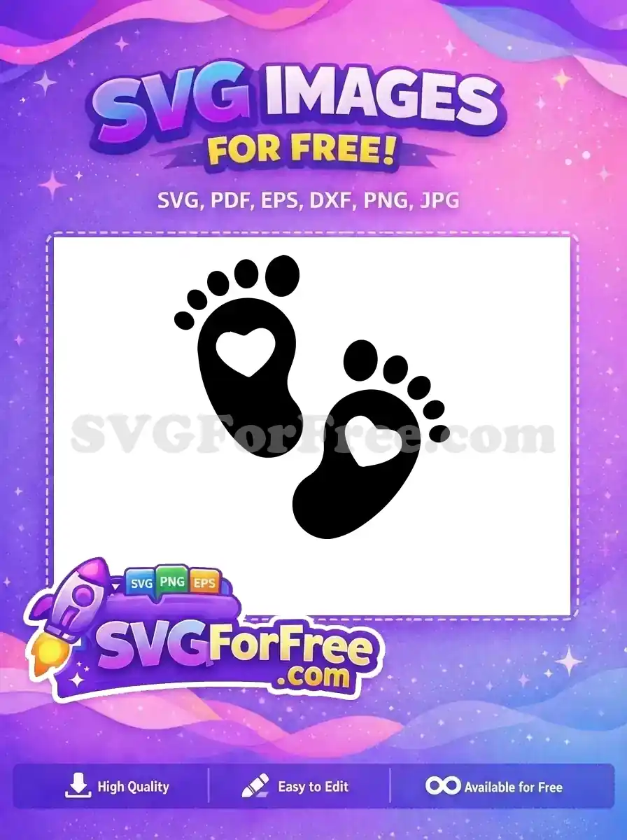 Sweet free baby footprints SVG, featuring two black foot silhouettes with heart cutouts, symbolizing love and new life. A versatile free vector design.