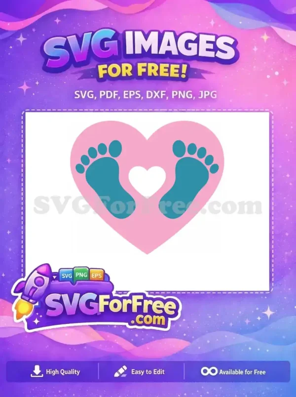 Free Baby Love Footprints SVG Design – Adorable & Sweet Free baby footprints SVG design: two teal footprints within a pink heart, centered with a small white heart.