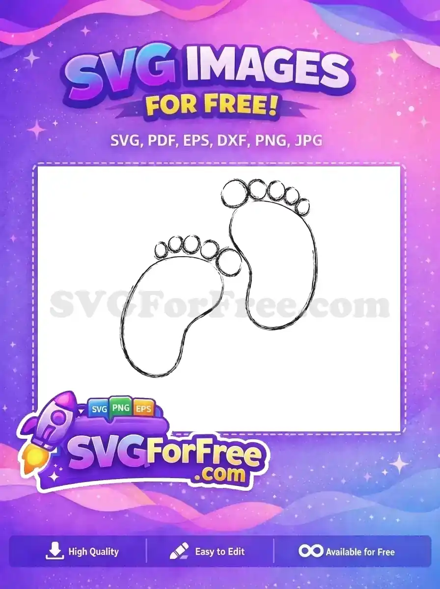 A lovely free SVG of baby footprints with a unique sketchy outline, ideal for nursery decor or personalized gifts. Download this free vector now!