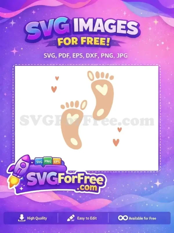 Free Baby Love Footprints SVG – Adorable Nursery Design Sweet baby footprints with heart details and scattered hearts, a charming free design for your creative projects. Download this free SVG now!