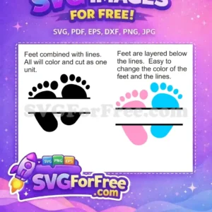Free SVG of two black baby footprints, combined with a central split line, ready for easy one-unit coloring and cutting.