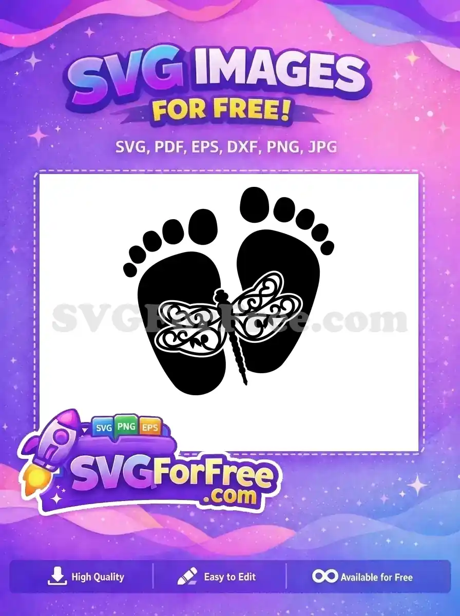 Adorable free baby footprints with a detailed dragonfly design, ideal for crafts & gifts. A charming free SVG for all projects.