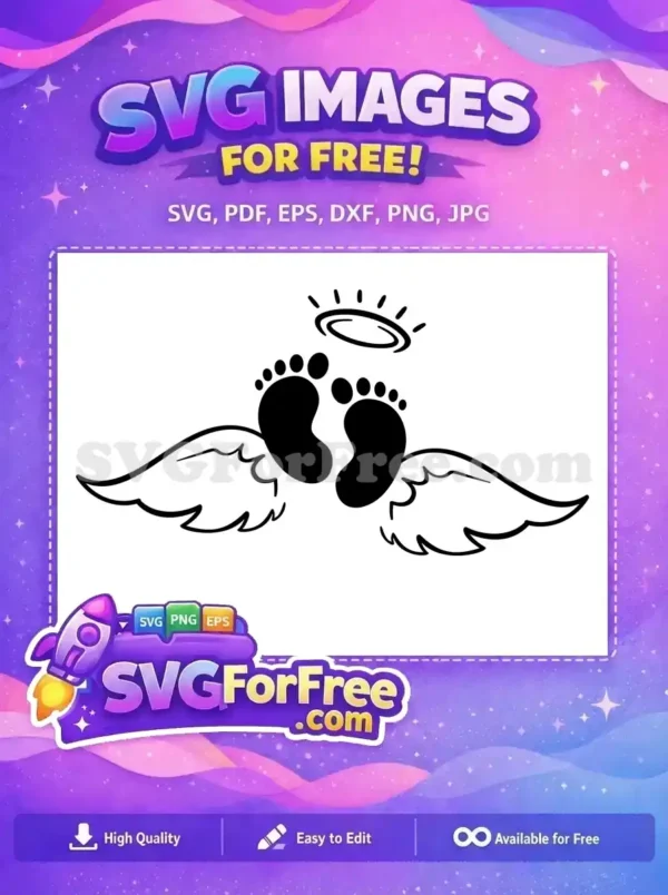 Free angelic baby footprint SVG design, depicting tiny feet with delicate wings and a halo, ideal for memorial crafts. Download this free design now!