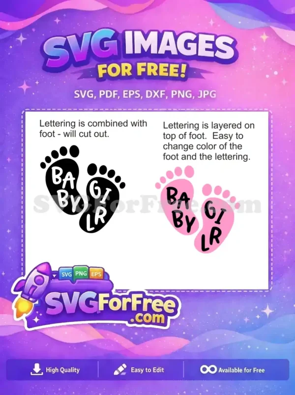 Free Baby Girl Footprint SVG – Combined Cut Design A free baby girl footprint SVG design, black, with 'BABY GIRL' lettering combined to cut out seamlessly.