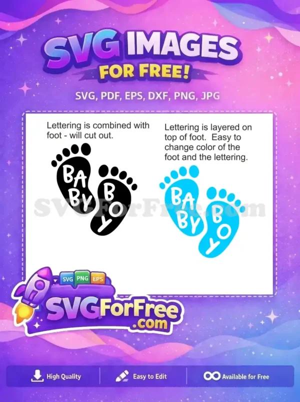 Free black baby footprints SVG design for cutting, featuring 'BABY BOY' text integrated as a knockout element, ideal for craft projects.