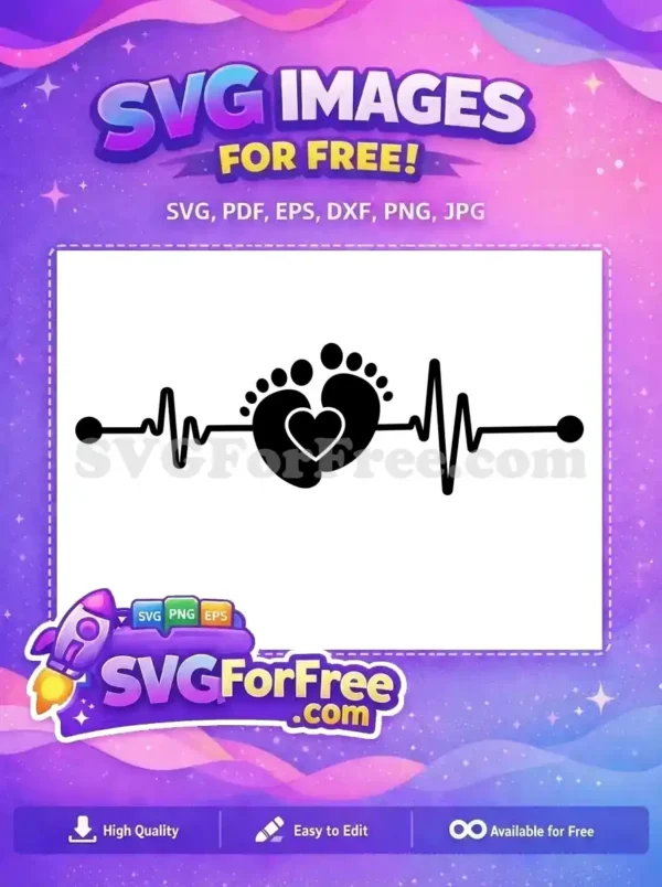 Free Baby Heartbeat SVG – Adorable Love & New Life Design A heartwarming free design showcasing baby footprints with a heart and a rhythmic heartbeat line. Perfect for celebrating new life and love in your crafts.