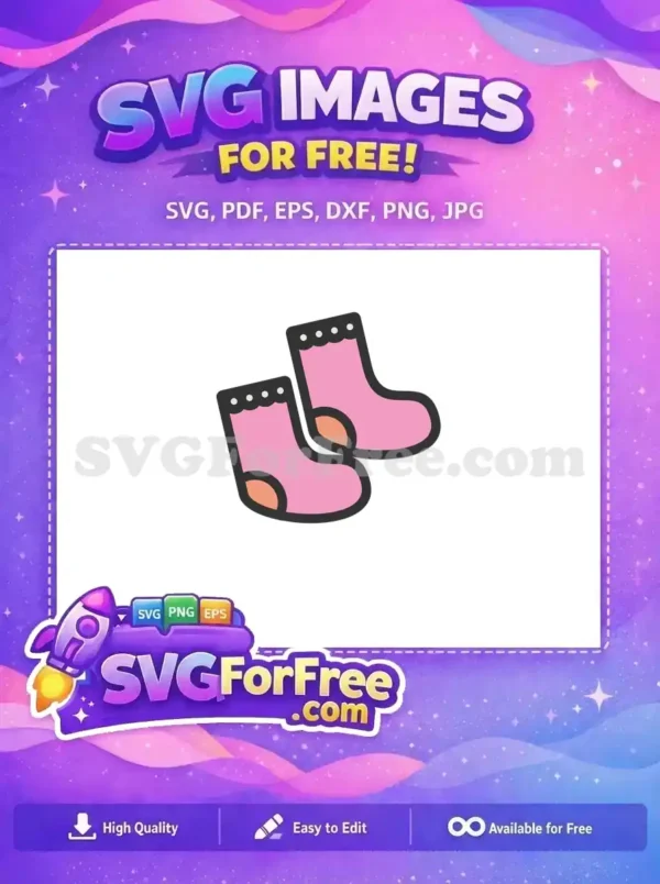 A charming pair of pink baby socks with dark cuffs and light polka dots, available as a free design. This free SVG is perfect for baby-themed projects.