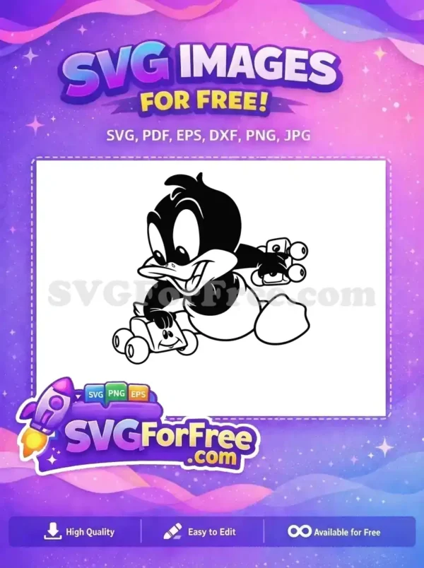 Free Baby Duck with Toy Car SVG Design – Playful Vector A charming free cartoon duckling playing with a toy car, perfect for children's crafts and digital art. Free download!